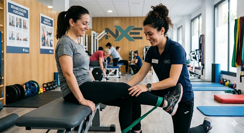 Fisioterapeuta asistiendo activamente a un paciente en un gimnasio de rehabilitación